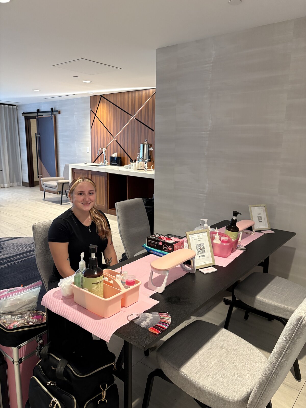 Opal Beauty Events licensed nail technician and mobile manicure station set up for an on-site corporate wellness event