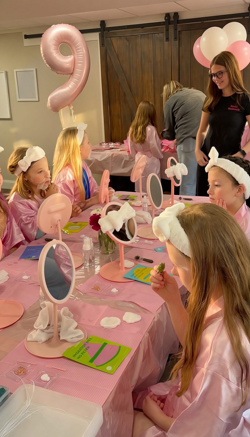 Girls seated at lighted vanity mirrors with a birthday balloon while an Opal Beauty Events team member helps at the table