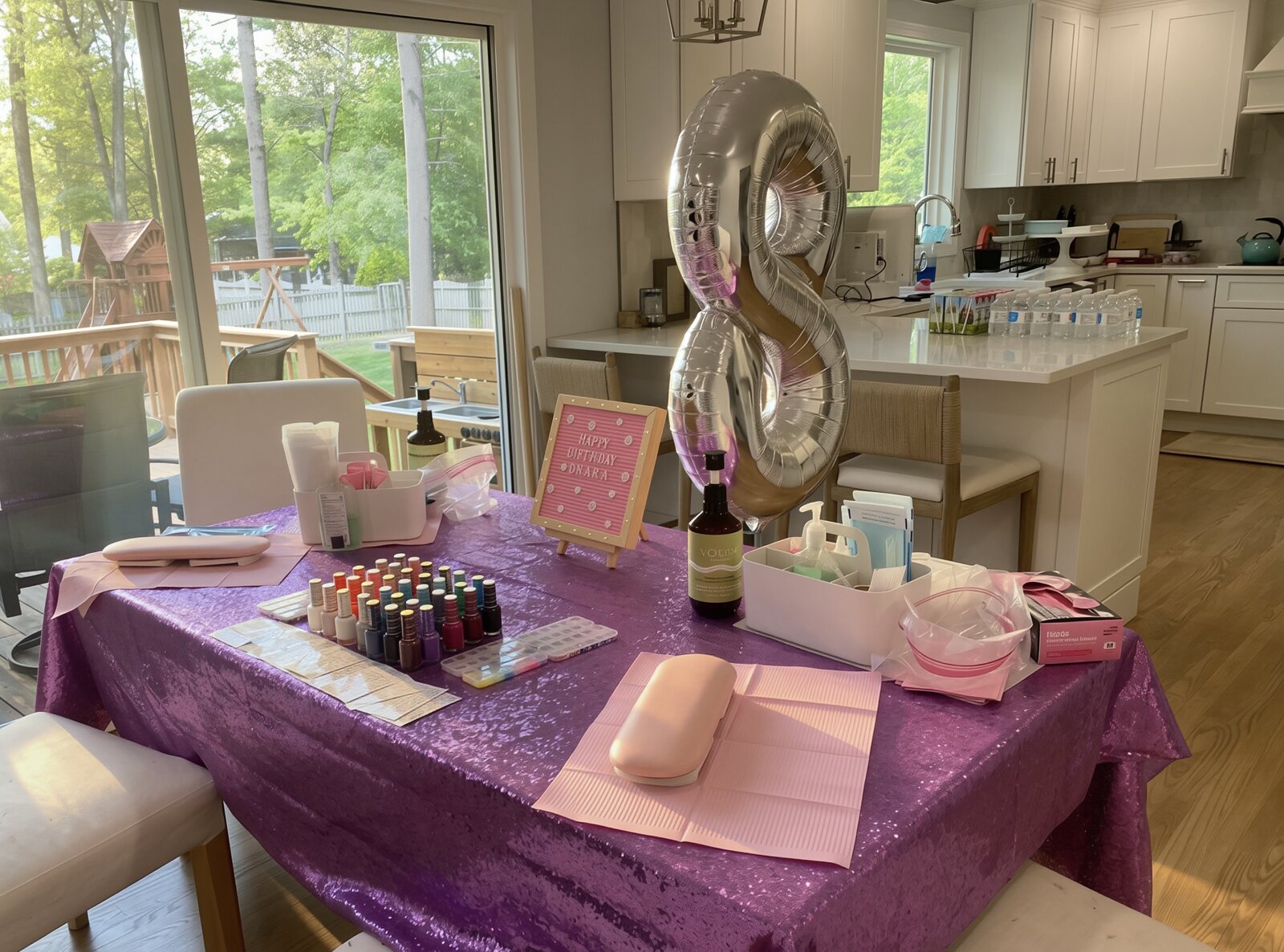 Mobile kids spa party manicure table set up with polish, tools and a silver number eight balloon